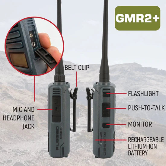 ADVENTURE PACK - 2 PACK - GMR2 PLUS GMRS and FRS Two Way Handheld Radios with XL Batteries and Long Range Antennas - Grey