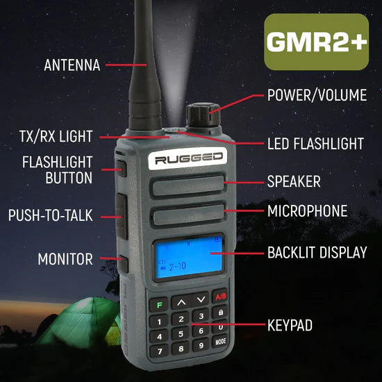 GREAT OUTDOORS PACK - GMR2 PLUS GMRS and FRS Two Way Handheld Radios with Lapel Mics and XL Batteries