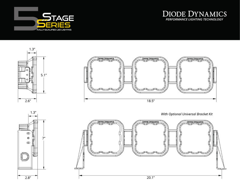 Diode Dynamics SS5 Sport Universal CrossLink 3-Pod Lightbar - Yellow Driving