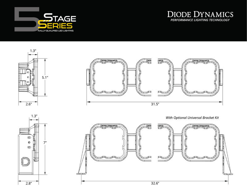 Diode Dynamics SS5 Sport Universal CrossLink 5-Pod Lightbar - Yellow Driving