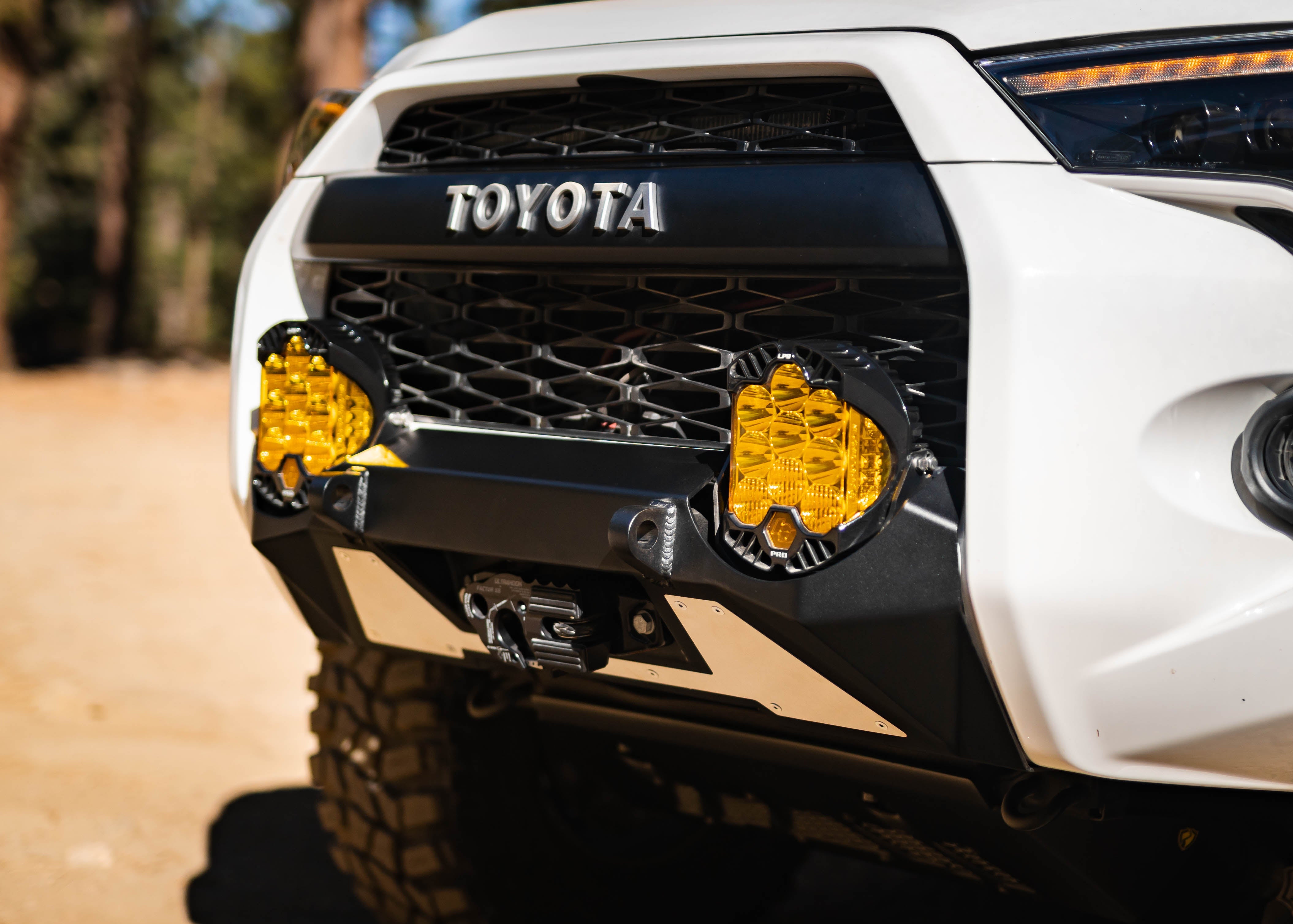 Close-up of Saints Offroad 4Runner front bumper with Baja Designs LP9 lights
