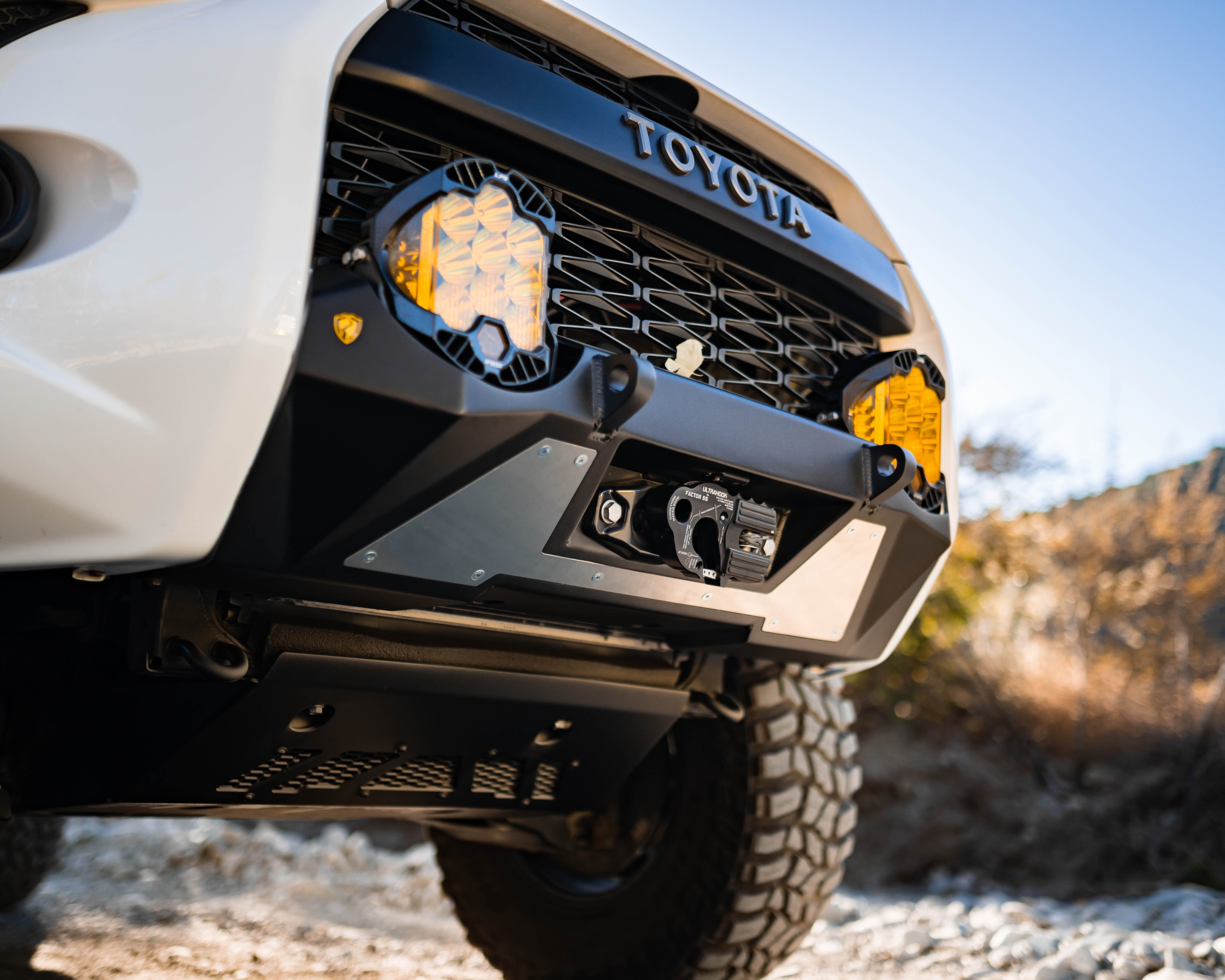 Close-up of Baja Designs lighting mounted in Saints Offroad 4Runner front bumper